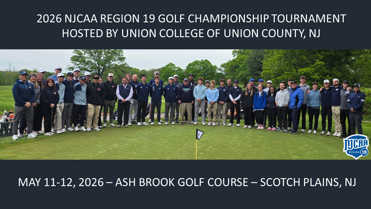 A large group of people is gathered on a lush green golf course with trees in the background. They are a mix of young adults and some older individuals, presumably coaches or officials, dressed in a variety of golf attire including caps, jackets, and slacks. They stand closely together, smiling for a group photo. The sky is overcast, creating soft lighting over the scene.

Alt-text:

A group photo of diverse individuals on a golf course, wearing golf attire.

Transcribed Text:

2026 NJCAA Region 19 Golf Championship Tournament hosted by Union College of Union County, NJ. May 11-12, 2026 &ndash; Ash Brook Golf Course &ndash; Scotch Plains, NJ.